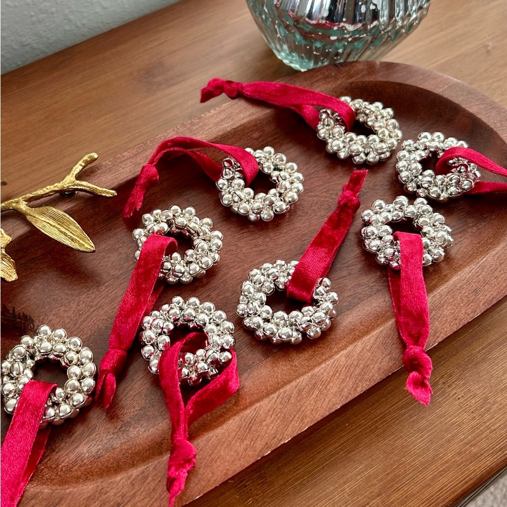 8 Silver Bells Holiday Ornaments with Red Velvet Ribbon